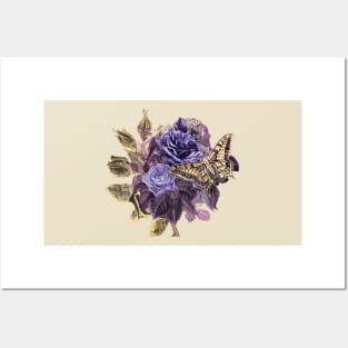 Vintage Purple and Gold Roses with Butterfly on Creamy Beige Posters and Art